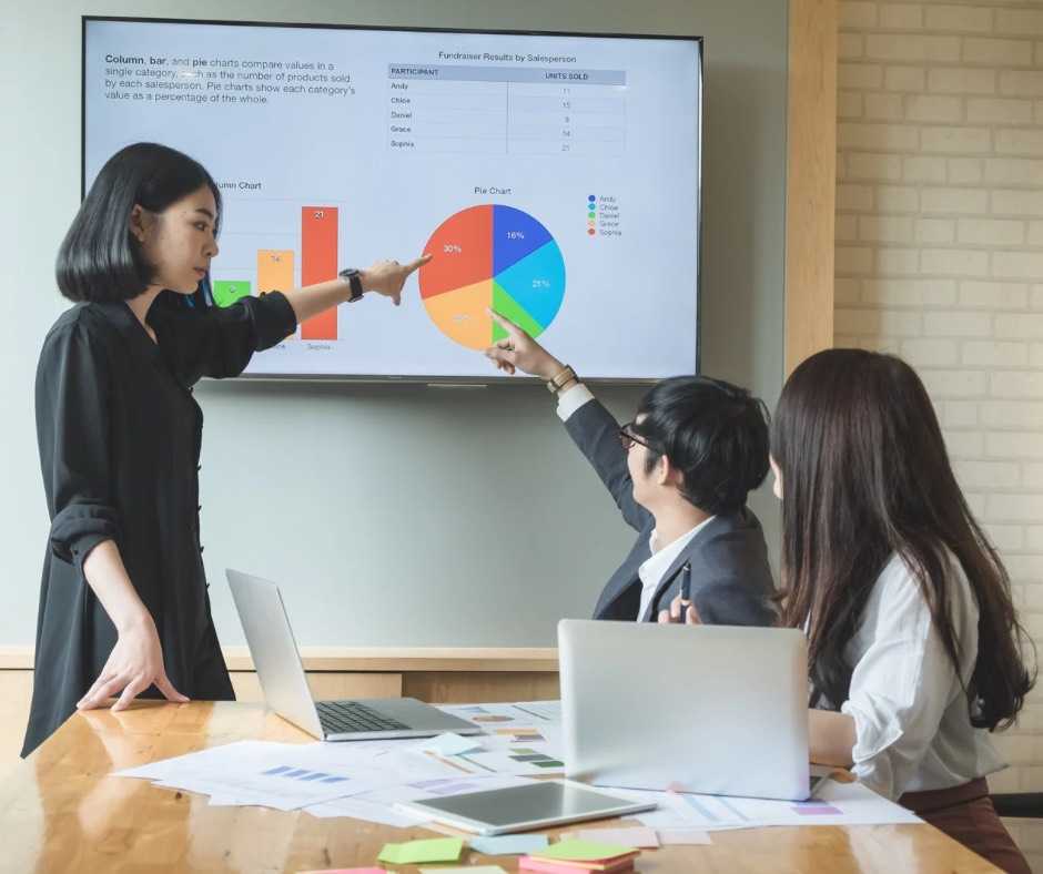 The girl stood confidently in front of the screen, pointing to various charts and graphs as she explained the analytics